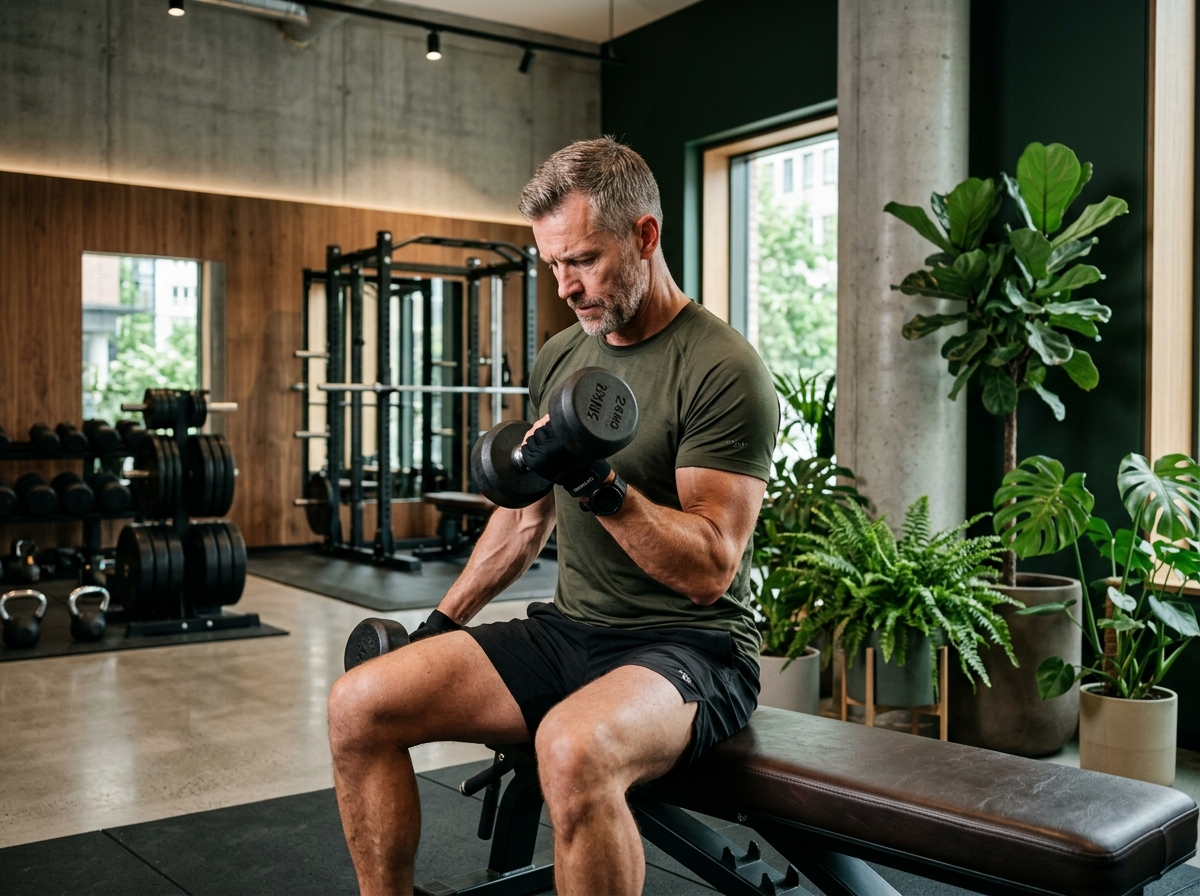 Man 50 år som lyfter hantlar i gym