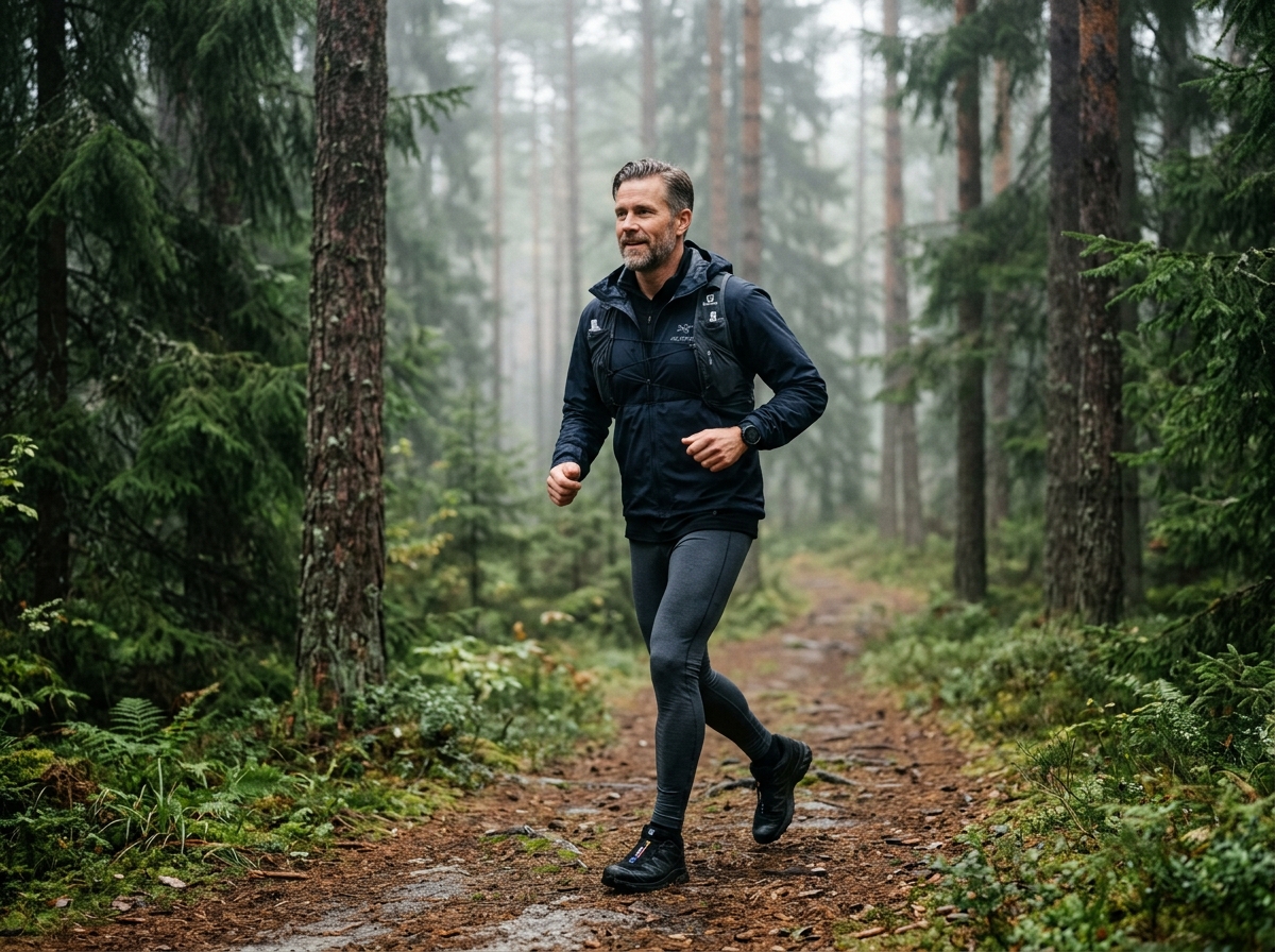 Vuxen man på rask promenad utomhus